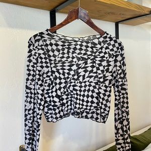 Topshop Checkered Mesh Long-Sleeve